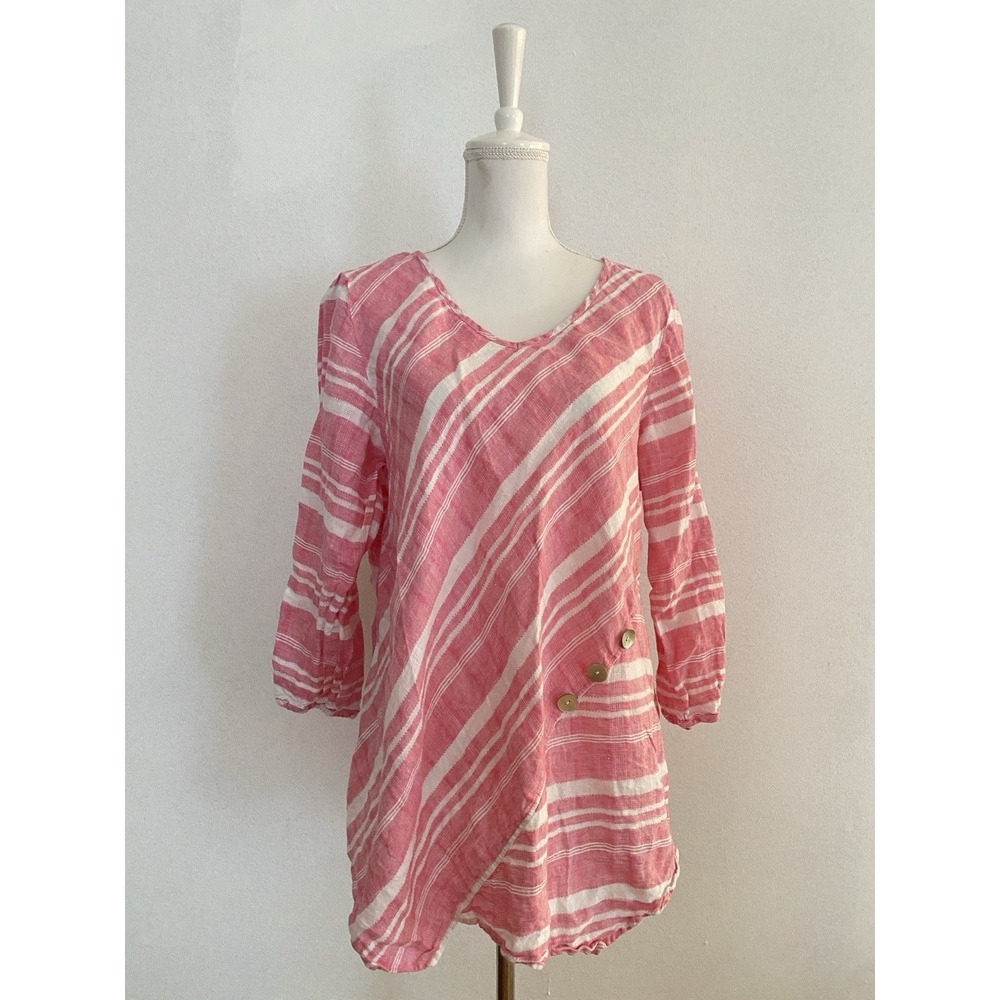 Habitat 100% Linen Pink White Stripe Blouse Women XL Beachy Coastal Lagenlook